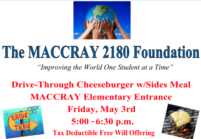 2180 Foundation Drive Thru Burger Meal. May 3rd 5:00-6:30pm. Tax Deductible Free Will Offering